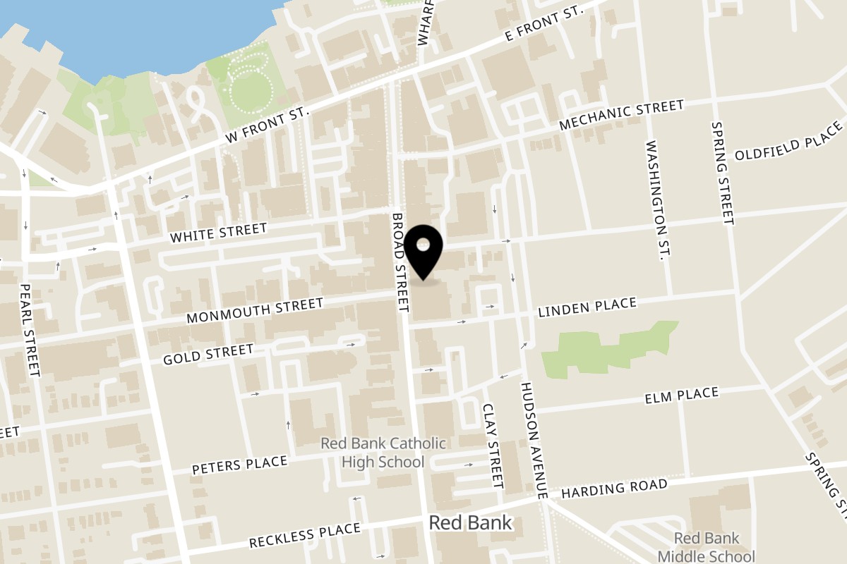 Map showing the location of Monticello at Red Bank Italian Restaurant on 69 Broad St in Red Bank